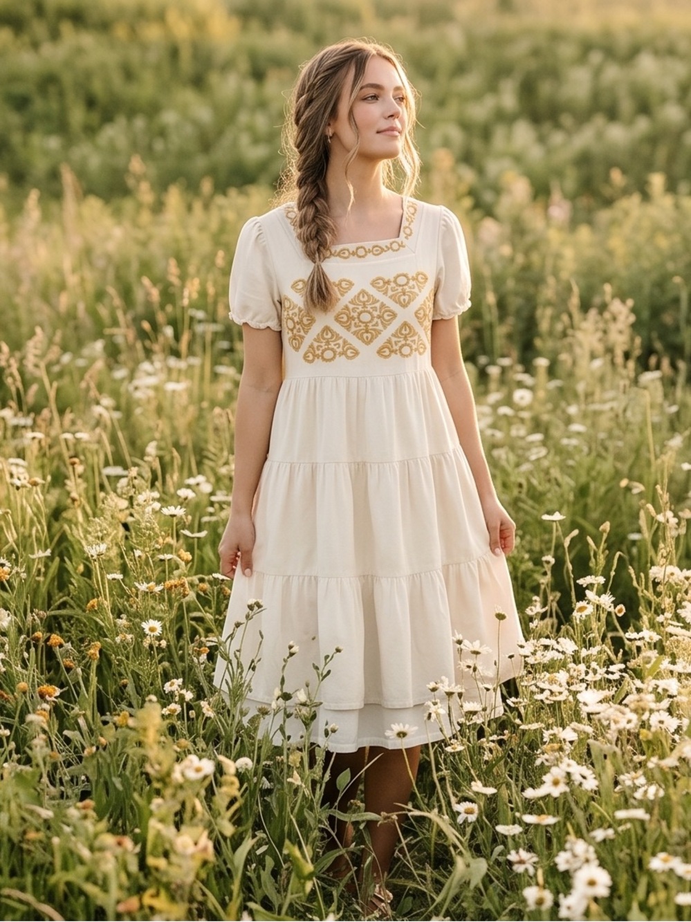 Baltic Born Cream Embroidered Puff Sleeve Cottagecore Midi Dress Small